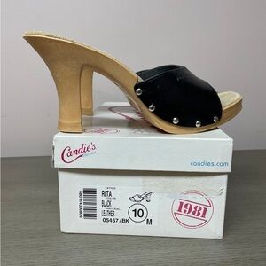 Candie’s Black leather 3.5” high heel slides size 10